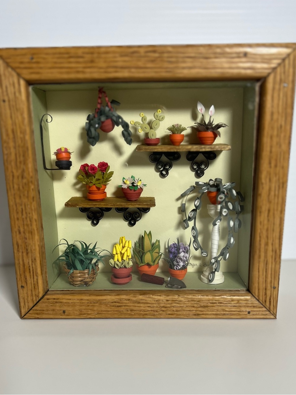 Miniature Wall Plant Display Shadow Box - Brown Frame, Green Interior